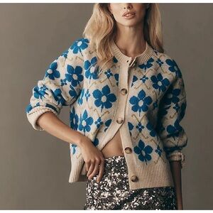 Anthropologie Graphic Intarsia Floral Cardigan Sweater